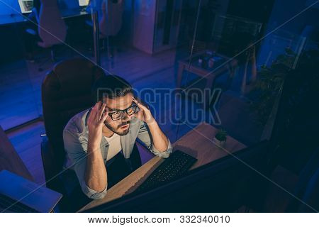 Hign Angle Above View Photo Of It Skilled Specialist Guy Sitting Chair Looking Many Monitors Not Bel