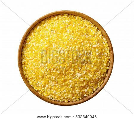 Corn Grits Groat In A Wooden Bowl Isolated On White Background