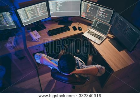 Hign Angle Above View Photo Of It Skilled Specialist Guy Sitting Comfy Office Holding Hands Behind H