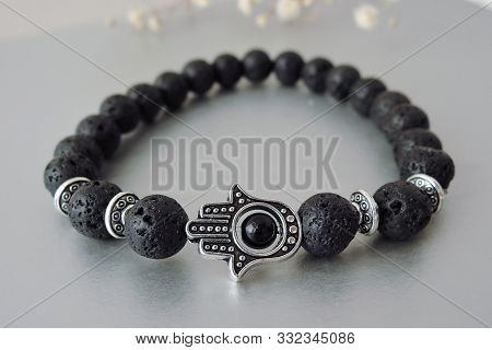 Fashionable Bracelets With Lava Stone And Pendants Hamsa