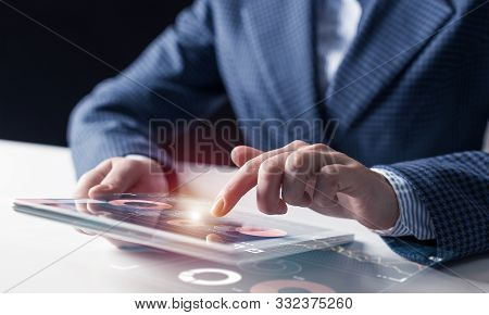 Digital Technologies In Modern Business Concept. Businessman Hands Using Tablet Computer. Virtual In