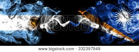 Argentina Vs Marshall Islands Smoky Mystic Fire Flags Placed Side By Side. Thick Colored Silky Abstr