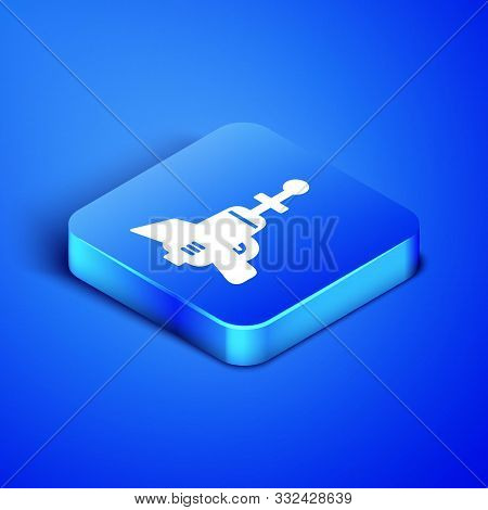 Isometric Ray Gun Icon Isolated On Blue Background. Laser Weapon. Space Blaster. Blue Square Button.