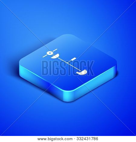 Isometric Grass And Weed Electric String Trimmer Icon Isolated On Blue Background. Grass Clipper, La