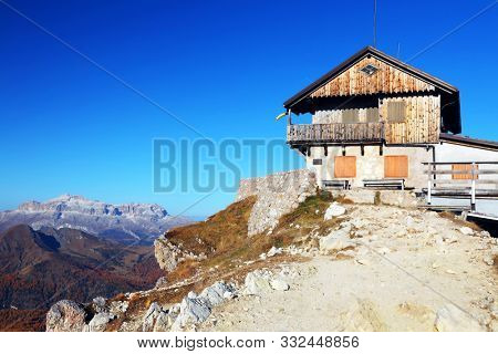 Built in 1883, the mountain hut Rifugio Nuvolau is the oldest refuge in the Dolomites, built on the summit of Mount Nuvolau (2575 metres), Italy, Europe