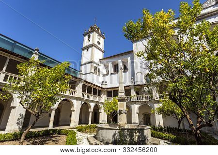 Lorvao, Portugal - August 21, 2019: View Of The Renaissance Cloister With Roman Arches And Doric Col