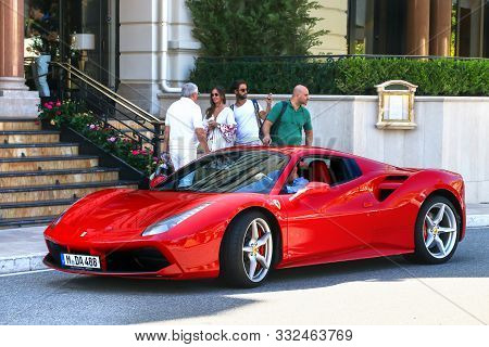 Monte-carlo, Monaco - September 12, 2019: Red Luxury Sports Car Ferrari 488 In The City Street Near 