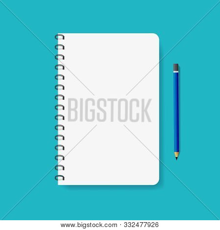 Template Of Spiral Paper Notebook For Note. Mockup Notepad With Metal Binder And Pencil. Flat Empty 