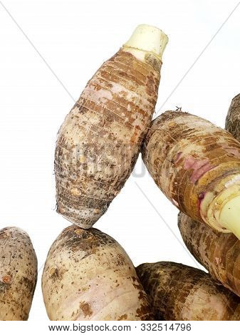 Top View Of Sweet Taro Root  Isolated On White Background, Healthy Food Concept (satoimo Potatoes, Y