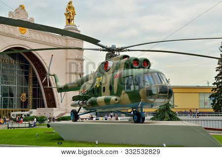 Moscow, Russia - August 12, 2019: Transport And Landing Helicopter Mi-8. All-russian Exhibition Cent