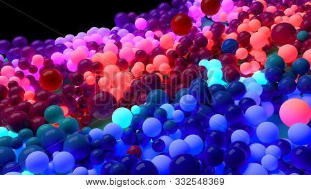 Beautiful Shiny Balls Of Different Colors And Sizes Completely Cover The Surface. Some Spheres Glow.