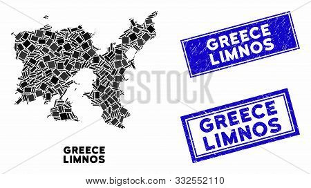 Mosaic Limnos Greek Island Map And Rectangle Rubber Prints. Flat Vector Limnos Greek Island Map Mosa