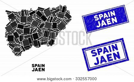 Mosaic Jaen Spanish Province Map And Rectangular Rubber Prints. Flat Vector Jaen Spanish Province Ma