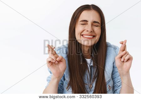 Cheerful, Excited Attractive Feminine Woman In Denim Jacket, Having Faith Dreams Come True, Cross Fi