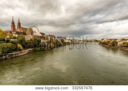 Grossbasel Old Town With Basler Muenster Cathedral On The Rhine River In Basel, Switzerland