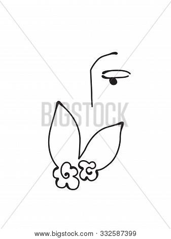 One Line Drawing Illustration Of A Girl Dreaming As She Smells Flowers.