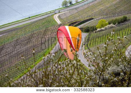 Flying Paraglider Over The Valley Of River Moselle And Over Vineyards