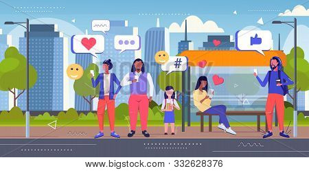 People Using Smartphones Social Media Network Chat Bubble Communication Concept Mix Race Men Women S