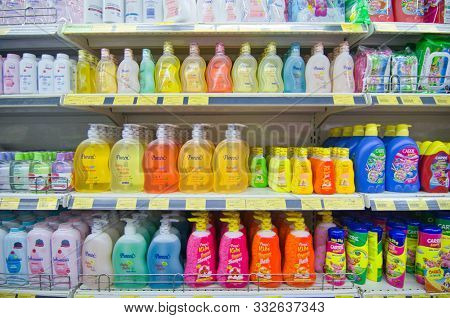Kajang, Malaysia - 28 May 2019: Shelves With Variety Of Hair And Bodycare Products For Kid Display I