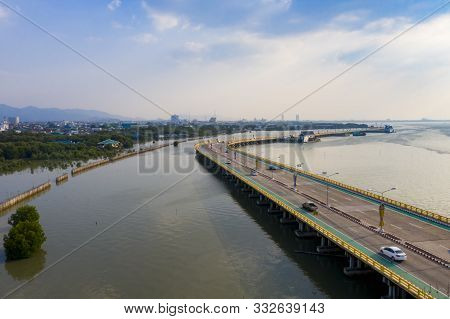 Aerial View Of Road Bridge Over Sea Coast Of Chonburi Eastern Of Thailand
