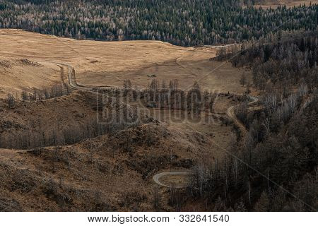 Mountains Valley Aerial Autumn Landscape, Chike-taman Mountain Road Pass, Altai
