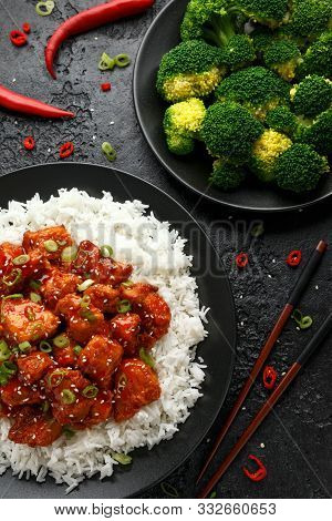 Tsos Chicken With Rice, Green Onion And Broccoli