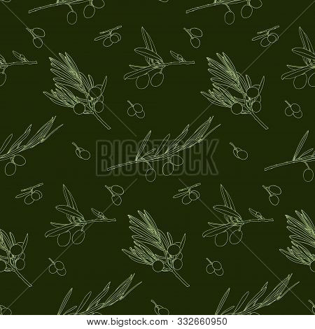 Pattern With Olives. Hand Drawn Olive Branch. Vector Pattern On A Dark Background For Textiles, Wrap