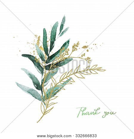 Watercolor Floral Illustration Bouquet - Green & Gold Leaf Branches Collection, For Wedding Stationa