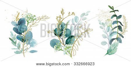 Watercolor Floral Illustration Set - Green & Gold Leaf Branches Collection, For Wedding Stationary, 