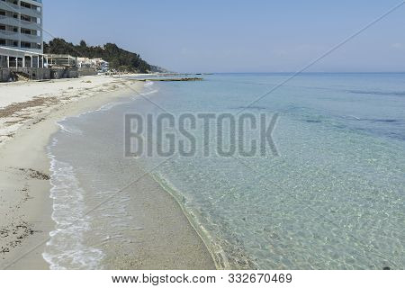 Kallithea, Kassandra, Greece - March 31, 2019: Panoramic View Of Beach Of Resort Of Kallithea, Kassa
