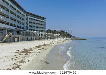 Kallithea, Kassandra, Greece - March 31, 2019: Panoramic View Of Beach Of Resort Of Kallithea, Kassa