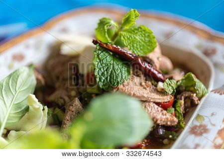 Spicy Pork Liver Salad (tub Wan) Is Thai Esan Food