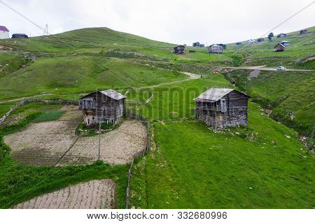 Beautiful Nature With Country Cottages And Traditional Wooden Houses On The Road Through The Goderdz