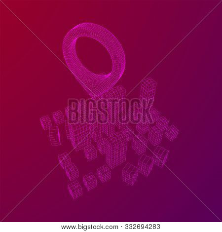 Geo Map Pin On Mesh Low Poly Wireframe Cubes Array Like Skyscraper City. Connected Lines Town. Conne