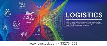 Logistics Icon Set And Web Header Banner W Buildings, Trucking, People And Shipping Box