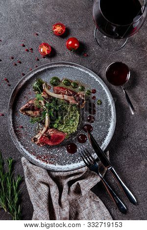 Baked Rib Grilled. Mutton. Carry A Lamb. Tagliateli Italian Cuisine. Top View.