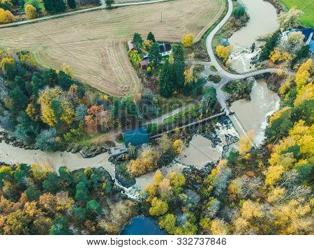 Aerial View Of Waterfall, River Rapids And Ancient Mill. Photo Taken From A Drone. Finland, Pornaine