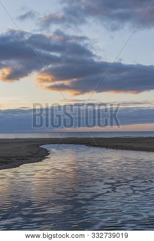 Evening Sky Over The Beach, The River Anapka Flowing Into The Black Sea. Anapa, Krasnodar Krai, Russ