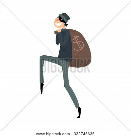 Sneaking Thief In Mask And Black Suit With A Bag Of Money. Vector Illustration In Flat Cartoon Style