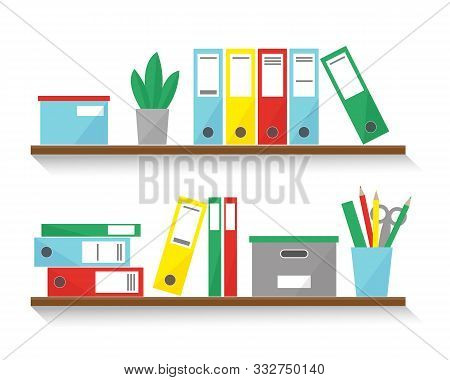 Shelves With Books, Boxes And Folders For Office Interior. Vector Illustration.