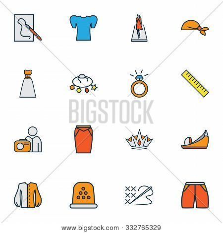 Style Icons Colored Line Set With Puffed Sleeve Shirt, Cross Stitch, Apparel And Other Footwear Elem