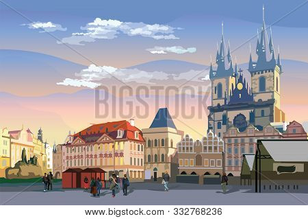 Colorful Vector Drawing Illustration. Cityscape Of Old Town Square And Tyn Church. 
Landmark Of Prag