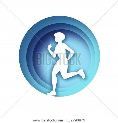 White Origami Young Lady Running. Happy Fitness Woman In Paper Cut Style. Woman Runner In Silhouette