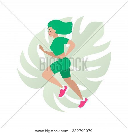 Young Lady Running. Happy Fitness Woman. Colorful Woman On White Background. Gogging. Dynamic Moveme