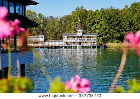 Heviz, Hungary - September 27, 2018: Balneological Therapeutic Lake Heviz In Hungary With Warm Water