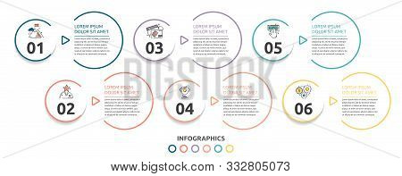 Vector Flat Infographic Template. Line Circles With Text And Icons For Six Diagrams, Graph, Flowchar