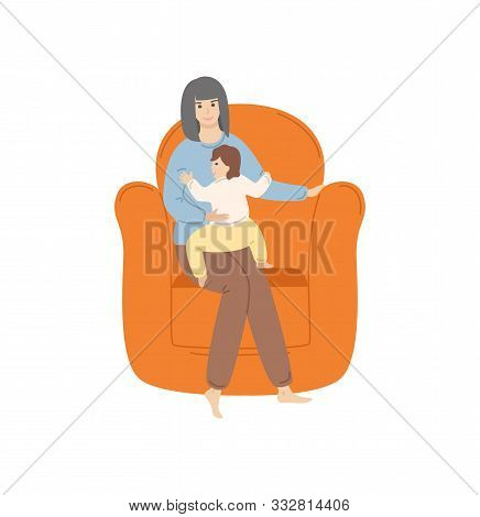 Woman With Child, Mother And Kid Toddler Spending Evening Together, Lady With Kiddo Sitting On Comfo