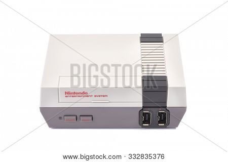 BUDAPEST, HUNGARY - DECEMBER 10, 2017: Nintendo NES classic edition video game console. Modernized version of the original with preinstalled games