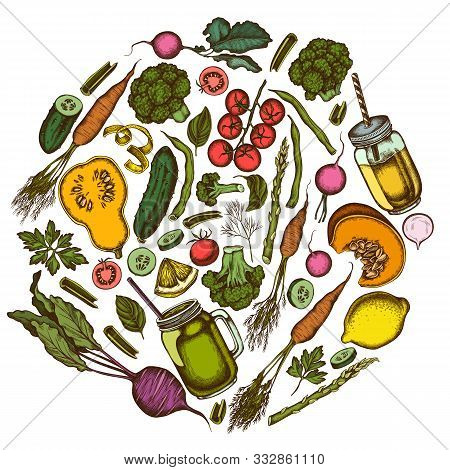 Round Design With Colored Lemons, Broccoli, Radish, Green Beans, Cherry Tomatoes, Beet, Greenery, Ca