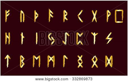 Set Of Old Norse Scandinavian Runes. Rune Alphabet. Occult Ancient Symbols. Gold Texture